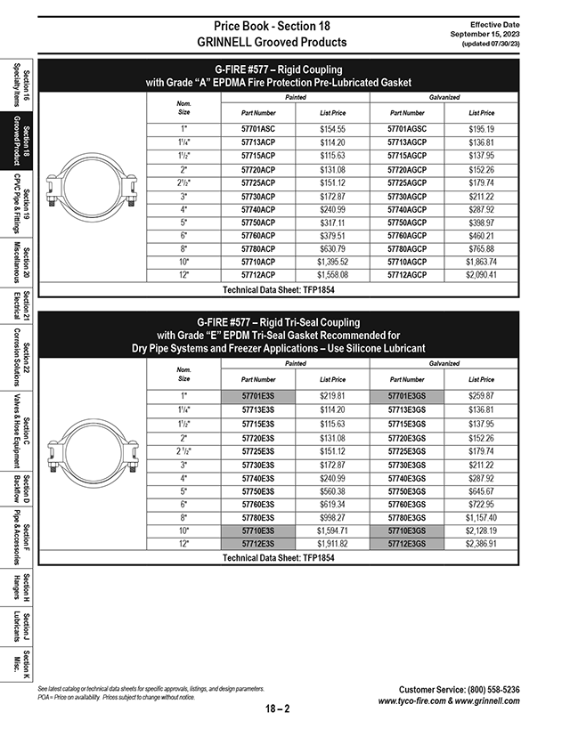 GRINNELL GFIRE Fire Protection Grooved Products Price List